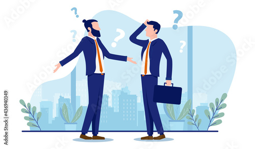 Businessmen not knowing what to do - Two colleagues with question marks wondering about unknown. Work confusion concept. Vector illustration with white background.