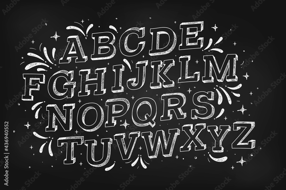 Chalk alphabet. Font pencil vintage alphabet drawing with chalk on chalkboard background. Vector illustration.