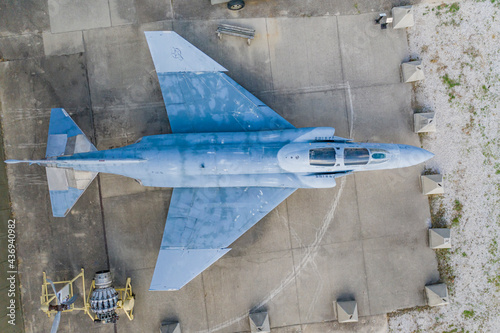 Vincennes, United States - 18 July 2020: Aerial view of a jet airplane at Indiana military Museum in Vincennes, United States.