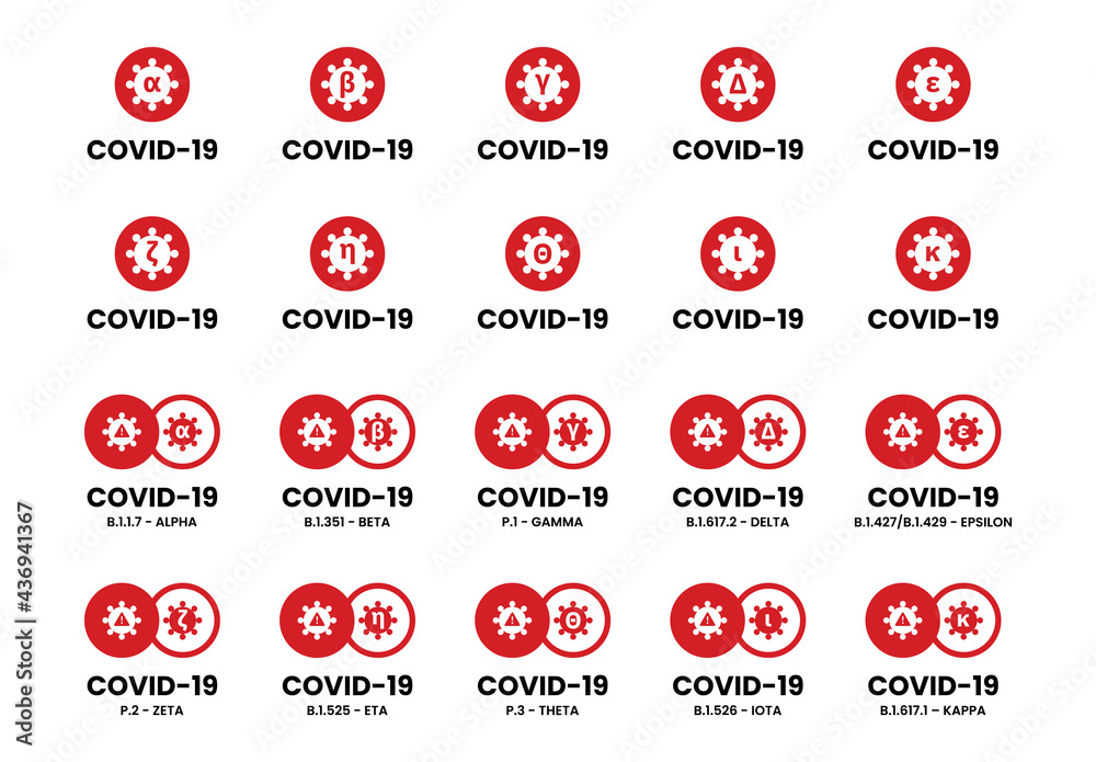 Covid19 variant names from Greek alphabet. Coronavirus strains. New