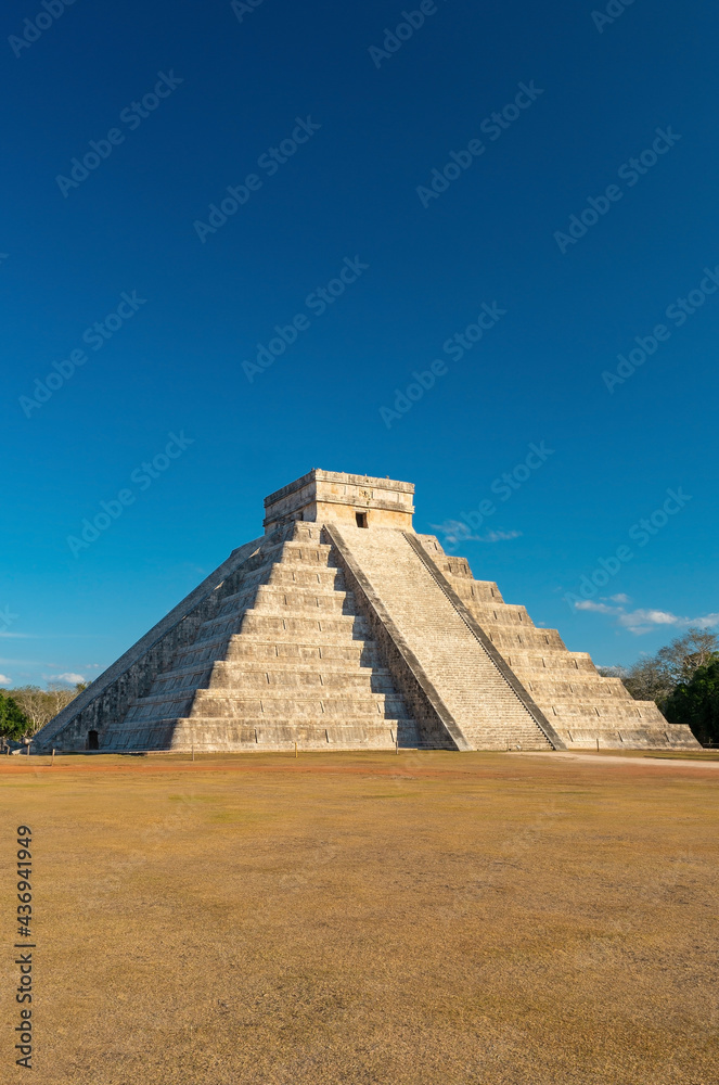 Vertical mayan pyramid of Kukulkan with copy space, Chichen Itza, Yucatan, Mexico.