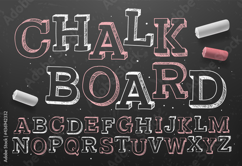 Chalk alphabet. Font pencil vintage alphabet drawing with chalk on chalkboard background. Vector illustration.