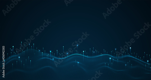 Big data visualization concept. Dynamic wave on blue background. Wave of particles