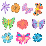 A set of bright abstract butterflies and flowers.
