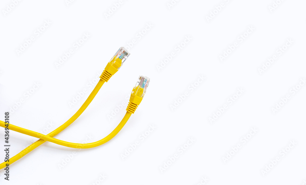 LAN network connection ethernet yellow cables on white LAN network connection ethernet yellow cables on white
