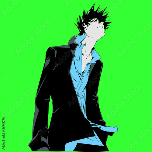 Illustration eines Mannes mit blauen Hemd und Blazer mit dem Blick zum Himmel auf grünem Hintergrund