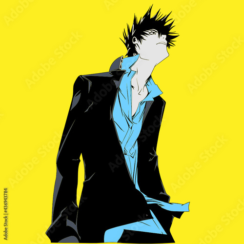 Illustration eines Mannes mit blauen Hemd und Blazer mit dem Blick zum Himmel auf gelben Hintergrund