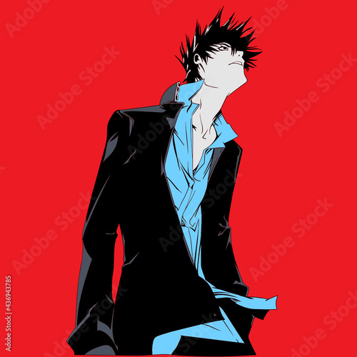 Illustration eines Mannes mit blauen Hemd und Blazer mit dem Blick zum Himmel auf rotem Hintergrund