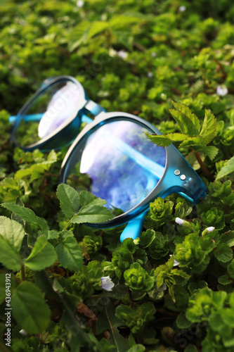 Bright blue glasses for vision lie in the lush green grass. Concept for optics. Spectacle frame. Vertical photo format