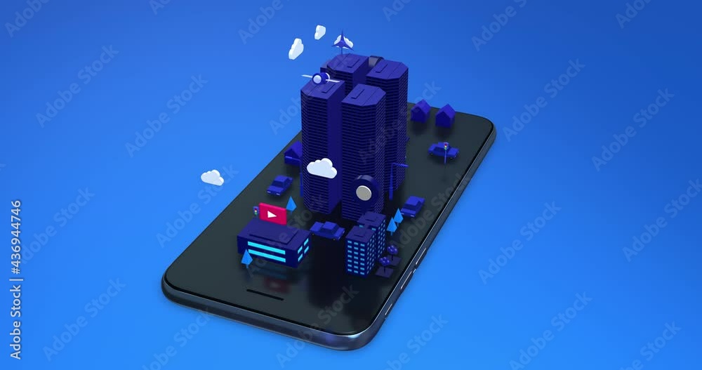 Isometric 3D City Animation On Smart Phone. Futuristic Smart City At ...
