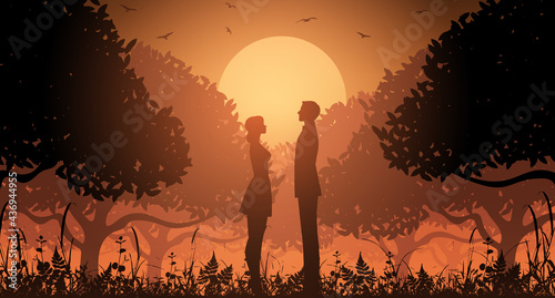 Silhouette couple in a forest with trees and birds. Sunset in a forest with a couple. Vector illustration