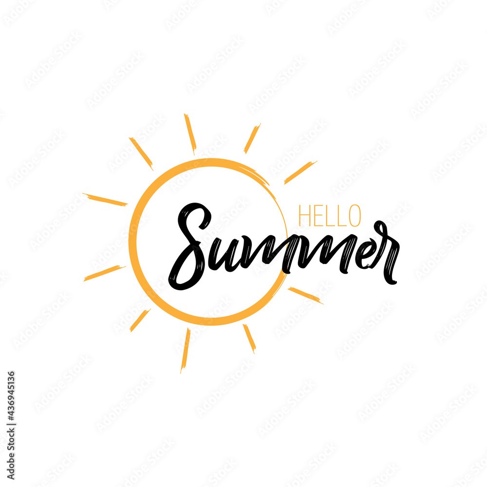 Fototapeta premium emblem of hello summer lettering with sun isolated on white background
