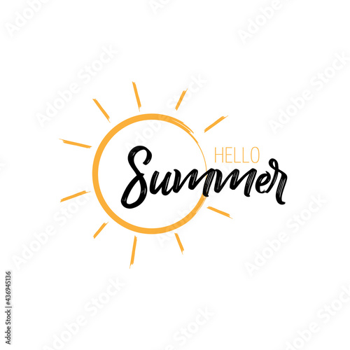 emblem of hello summer lettering with sun isolated on white background