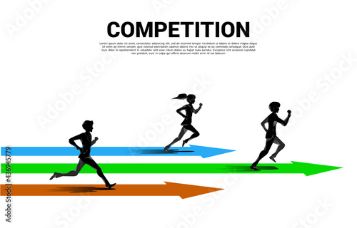 competition of silhouette of businessman and businesswoman running with arrow. business concept for competition