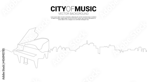 Vector silhouette of piano with city from one line. Concept for city of classic music.