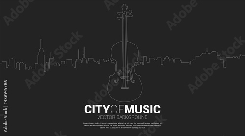 Vector silhouette of violin with city from one line. Concept for city of classic music.