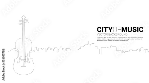 Vector silhouette of violin with city from one line. Concept for city of classic music.