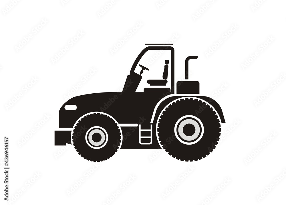 Farm tractor vehicle simple illustration in black and white.