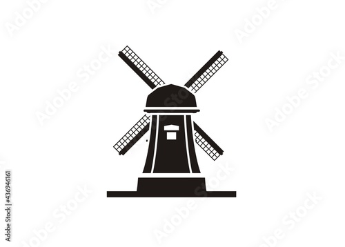 Windmill building simple illustration in black and white.