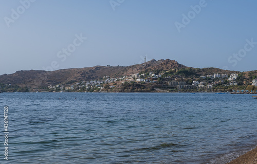 Panoramic view near Yalikavak town. Bodrum, Turkey, bay in Aegean sea, october 2020