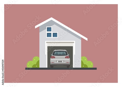 Car inside a minimalist garage building. Simple flat illustration.