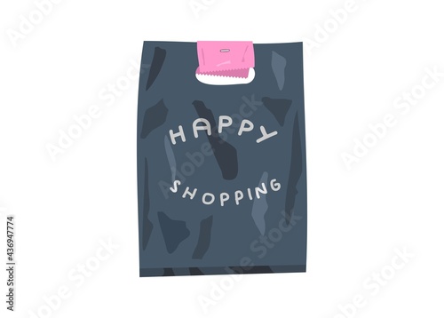 Shopping plastic bag with receipt paper. Simple flat illustration