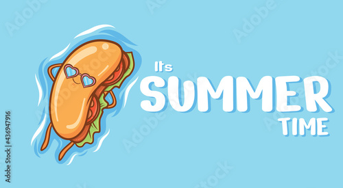 cute hot dog floating relax with a summer greeting banner