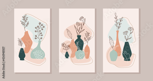 Set of compositions with exotic palm leaves and abstract vases. Trendy collage for design in an ecological style. Abstract Plant Art design for print, cover, wallpaper.