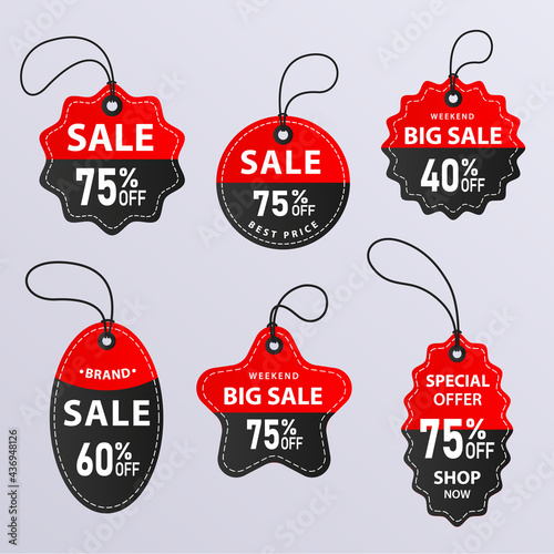 Flat design sales tag set red and black circle zigzag ellipse star abstract shapes vector illustration.