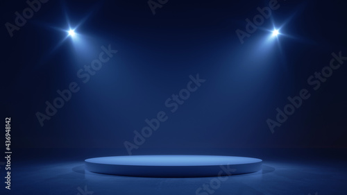 Fototapeta Naklejka Na Ścianę i Meble -  3d render. Abstract modern minimal blue background illuminated with bright spotlight. Showcase scene with cylinder podium for product presentation