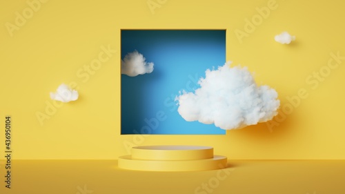 3d render, abstract yellow background with white clouds fly inside blue square hole. Simple showcase scene with empty stage for product presentation