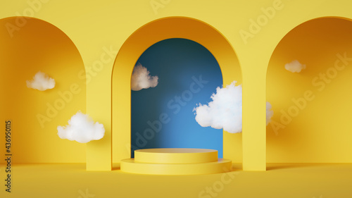 3d render, abstract background with blue sky inside the arch windows on the yellow wall. White clouds fly inside the room photo