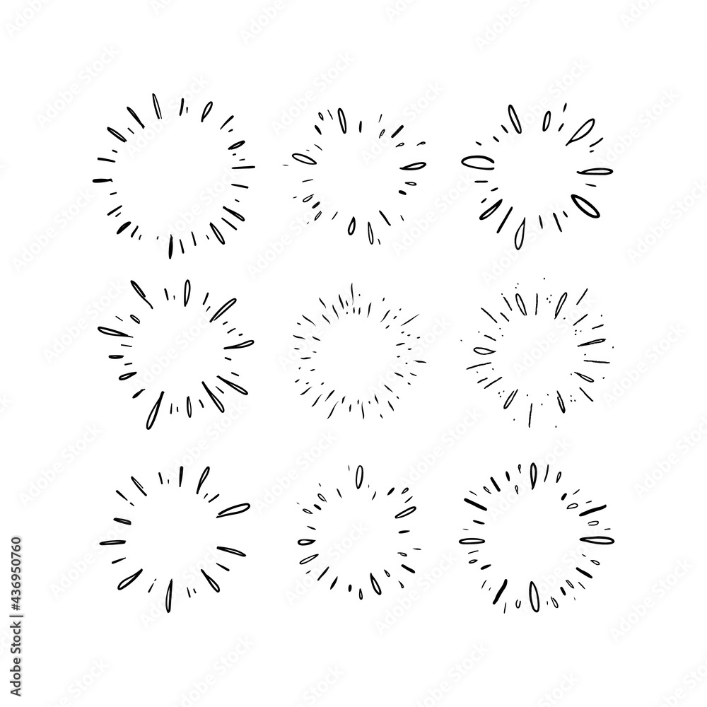 Star burst hand drawn doodles. Sunburst graphic design set. Handmade radial starburst illustrations. Star burst hand drawn doodles. Sunburst graphic design set. Handmade radial starburst illustrations.