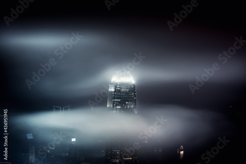 Photography City Skyscraper Building Scenery View of Hong Kong Downtown District in The Mist at Night, Cityscape of Metropolis and Financial Center in Hong Kong at The Peak Viewpoint