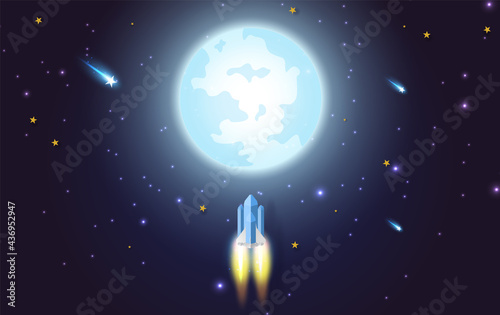  rocket flying in the star to the full moon. Paper art and craft style design. illustration for business startup concept on dark night background for poster or banner. Space rocket launch and galaxy.
