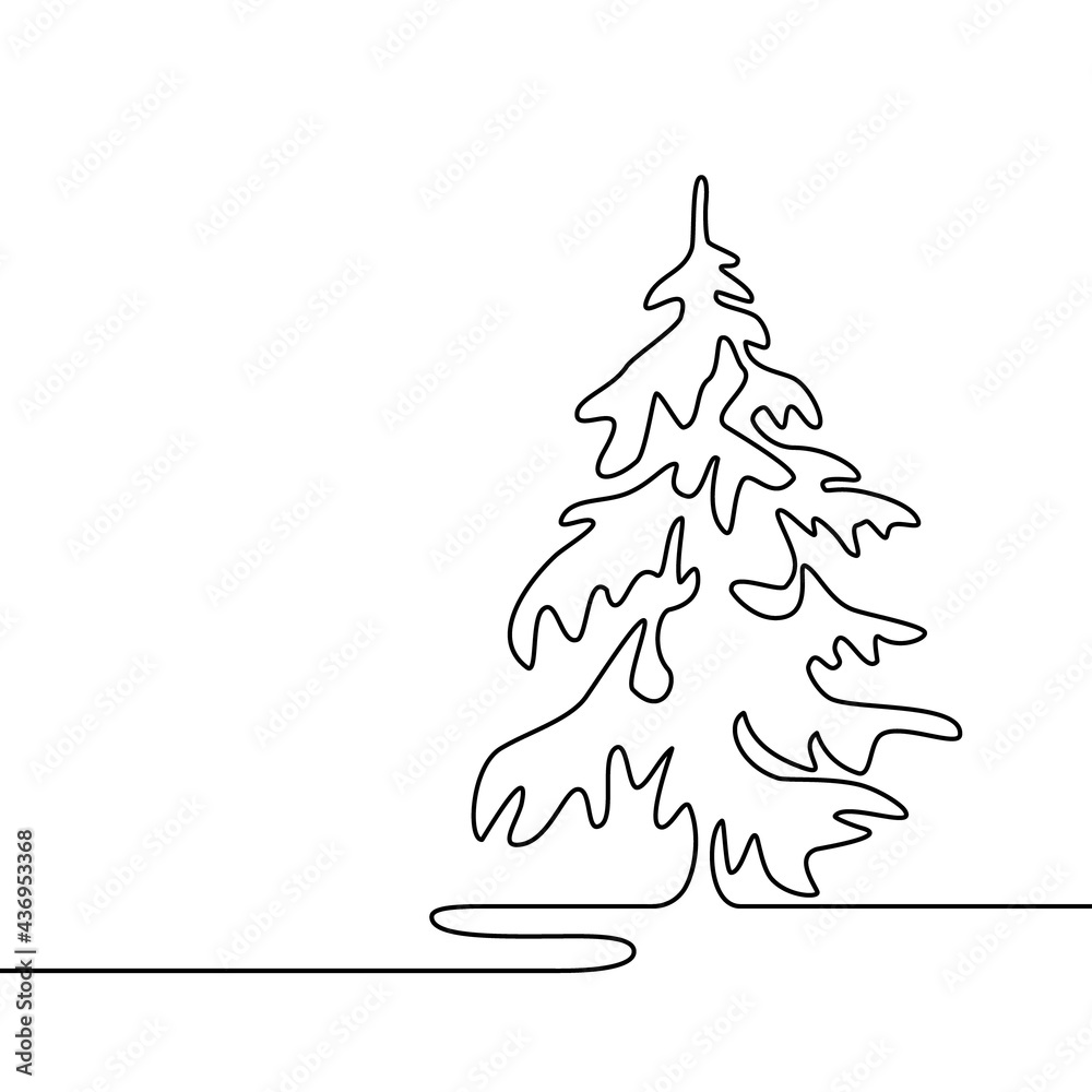 Linear art.The tree in the contour. Vector on an isolated background. Hand-drawn illustration of a spruce tree in one line for a graphic natural decor, background, cover.
