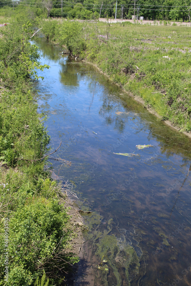 West Fork of the North Branch of the Chicago River on a sunny day at Somme Prairie Nature Preserve in Northbrook, Illinois