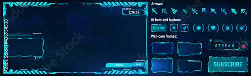 Streamdps constructor. Overlay futuristic frame for broadcast. Frame on the contour of the screen and webcam in HUD style. Stream dps UI, UX and GUI. Overlay broadcast box - Donates, windows, buttons