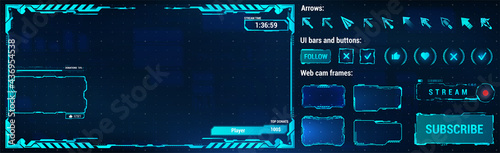Streamdps constructor. Overlay futuristic frame for broadcast. Frame on the contour of the screen and webcam in HUD style. Stream dps UI, UX and GUI. Overlay broadcast box - Donates, windows, buttons photo