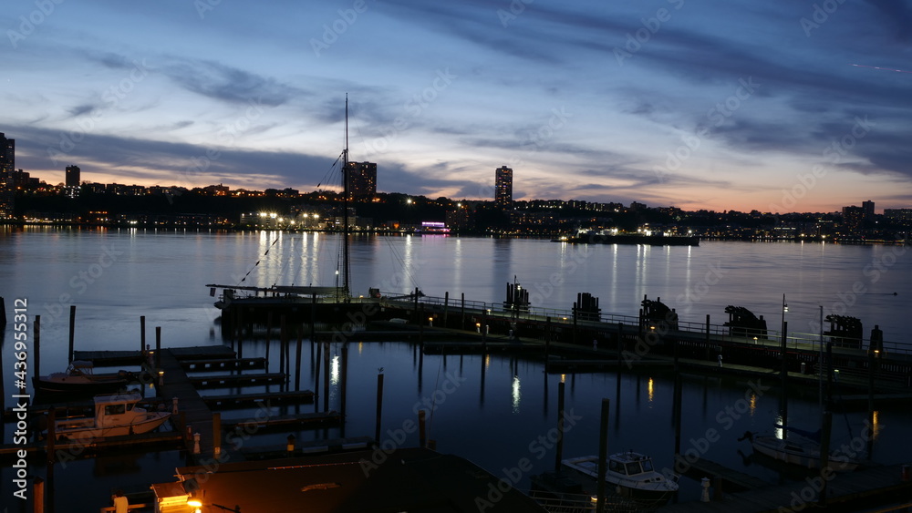 sunset, boats, mooring, dusk, water reflections, Riverside Park, New York, Upper West Side, 79th Street Boat Basin 