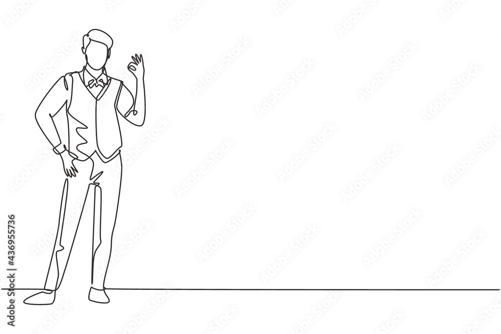 Single one line drawing of steward stands in uniform with gesture okay prepare at the airport with the crew flying to their destination. Modern continuous line draw design graphic vector illustration