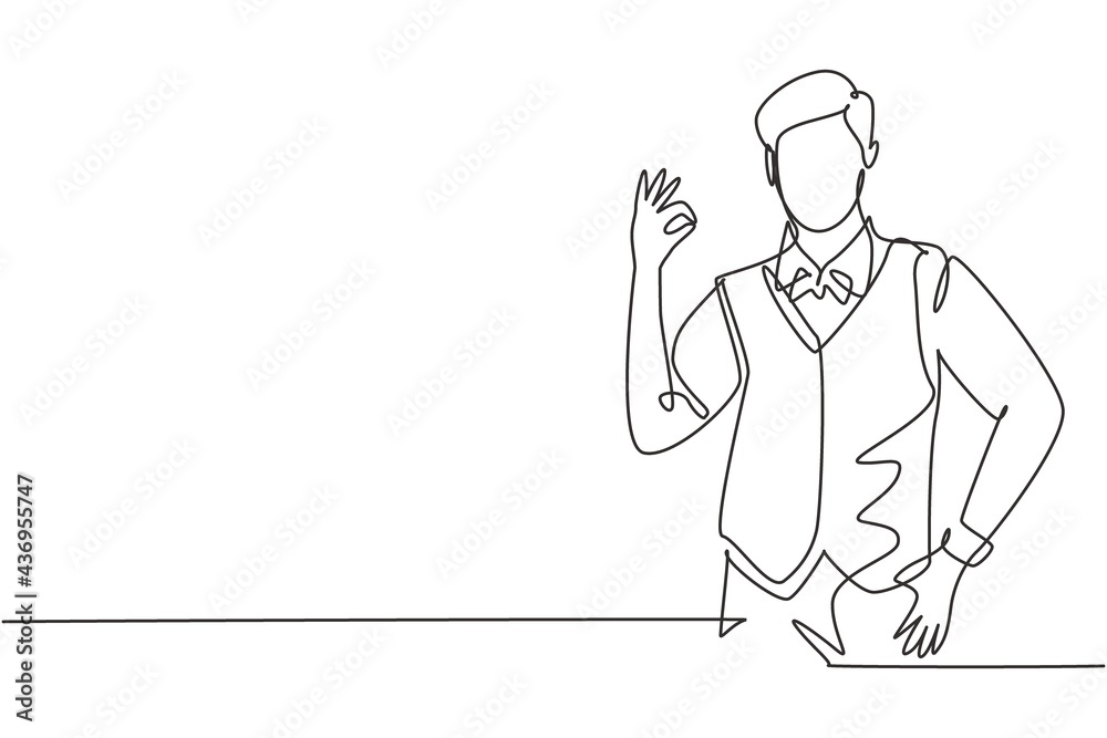 Single one line drawing of steward with gesture okay ready to serve airplane passengers in a friendly and warm manner. Professional work. Modern continuous line draw design graphic vector illustration Single one line drawing of steward with gesture okay ready to serve airplane passengers in a friendly and warm manner. Professional work. Modern continuous line draw design graphic vector illustration