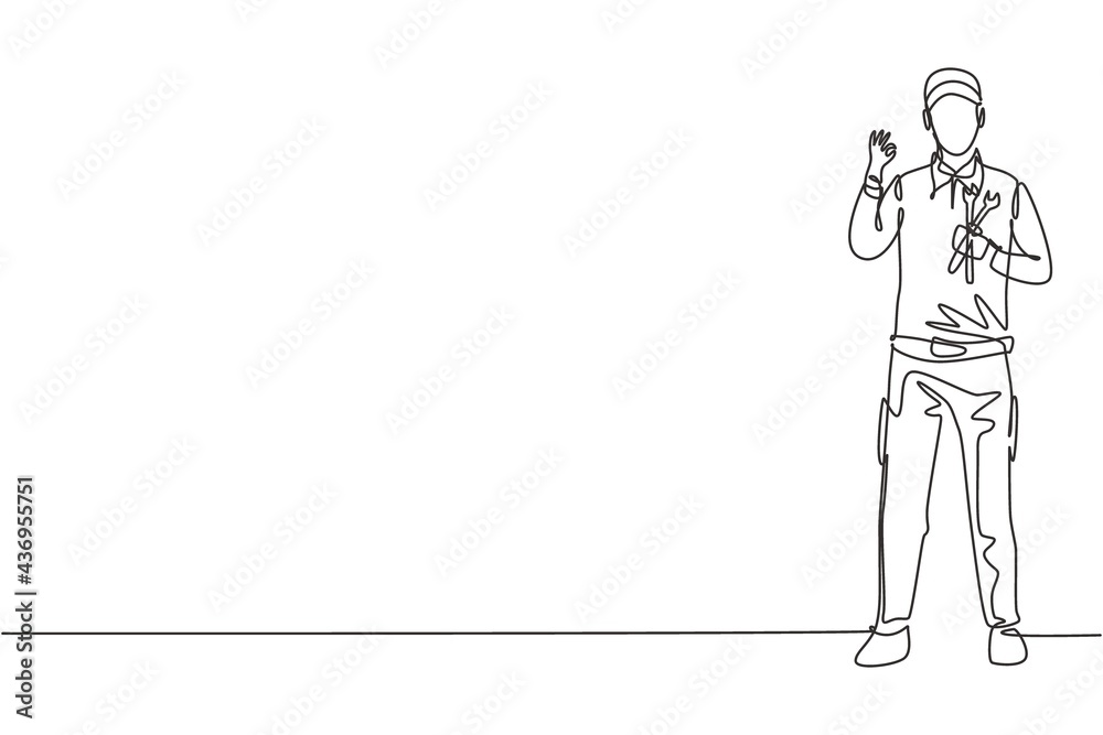 Continuous one line drawing male mechanic stands up with gesture okay and holding wrench to perform maintenance on vehicle engine. Success business. Single line draw design vector graphic illustration Continuous one line drawing male mechanic stands up with gesture okay and holding wrench to perform maintenance on vehicle engine. Success business. Single line draw design vector graphic illustration