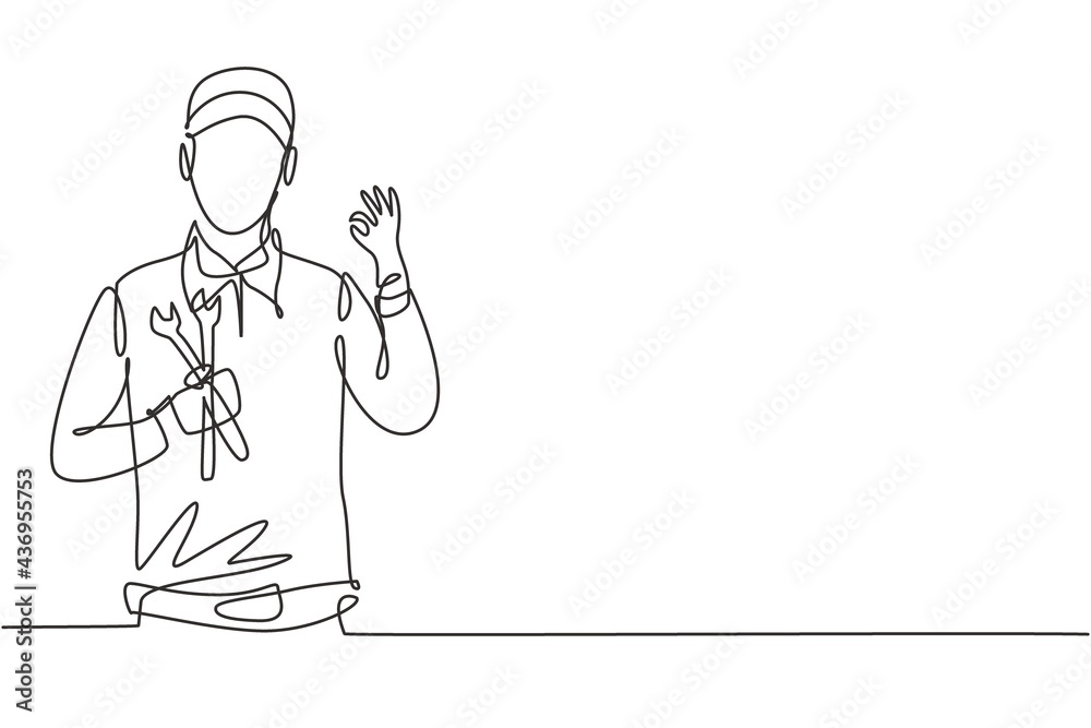 Continuous one line drawing male mechanic with gesture okay and holding wrench works to fix broken car engine in garage. Success business concept. Single line draw design vector graphic illustration