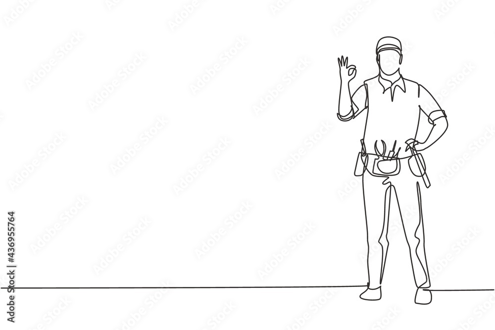 Single continuous line drawing handyman stands with gesture okay and tools such as pliers, screwdriver, hammer that placed on his work shirt. Dynamic one line draw graphic design vector illustration Single continuous line drawing handyman stands with gesture okay and tools such as pliers, screwdriver, hammer that placed on his work shirt. Dynamic one line draw graphic design vector illustration