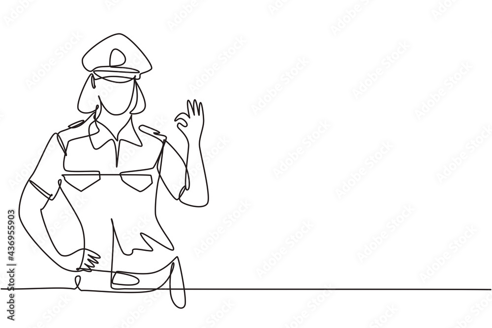 Single continuous line drawing policewoman with gesture okay and full uniform ready to enforce traffic discipline on highway. Standby patrol. Dynamic one line draw graphic design vector illustration Single continuous line drawing policewoman with gesture okay and full uniform ready to enforce traffic discipline on highway. Standby patrol. Dynamic one line draw graphic design vector illustration
