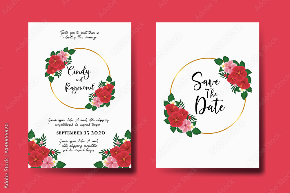 Wedding invitation frame set, floral watercolor hand drawn Red Hibiscus Flower design Invitation Card Template