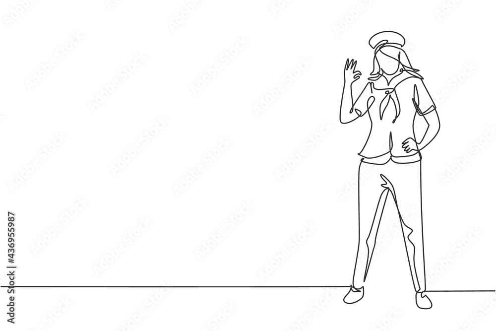Continuous one line drawing sailor woman stands with gesture okay and scarf around his neck join cruise ship carrying passengers traveling seas. Single line draw design vector graphic illustration