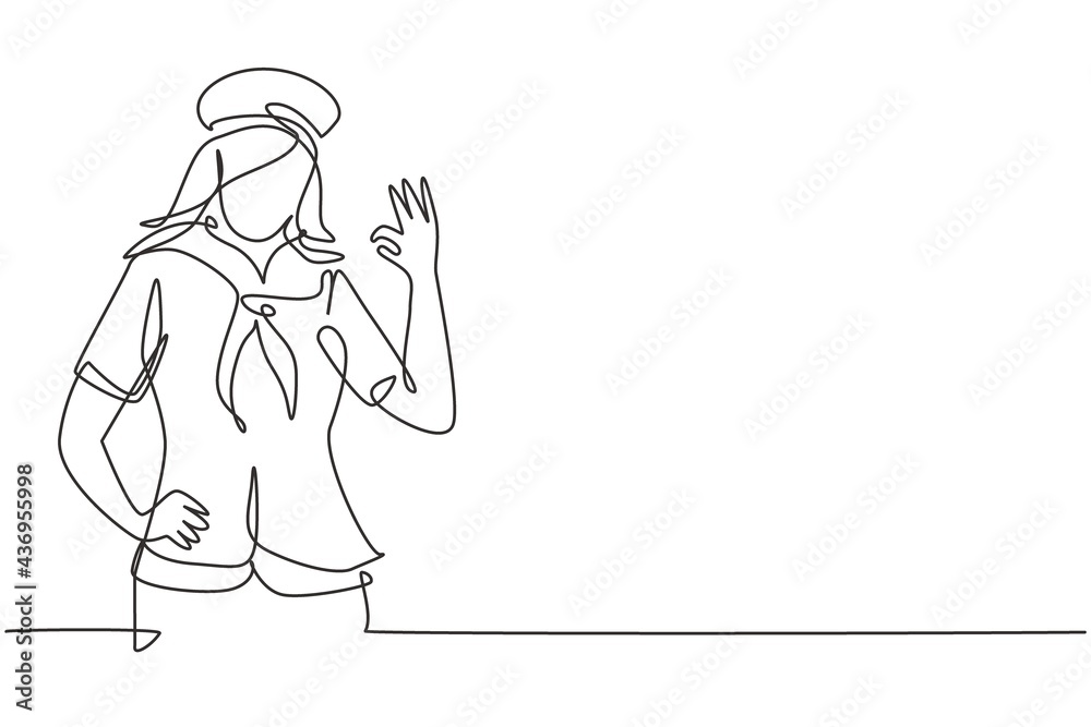 Single one line drawing sailor woman with gesture okay and scarf around his neck ready sail across seas in a ship headed by captain. Modern continuous line draw design graphic vector illustration