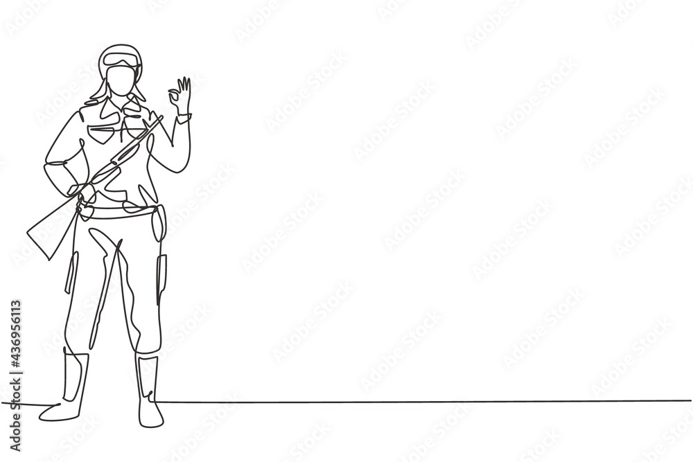 Continuous one line drawing female soldiers stands with weapon, full uniform, and gesture okay serving the country with strength of military forces. Single line draw design vector graphic illustration Continuous one line drawing female soldiers stands with weapon, full uniform, and gesture okay serving the country with strength of military forces. Single line draw design vector graphic illustration